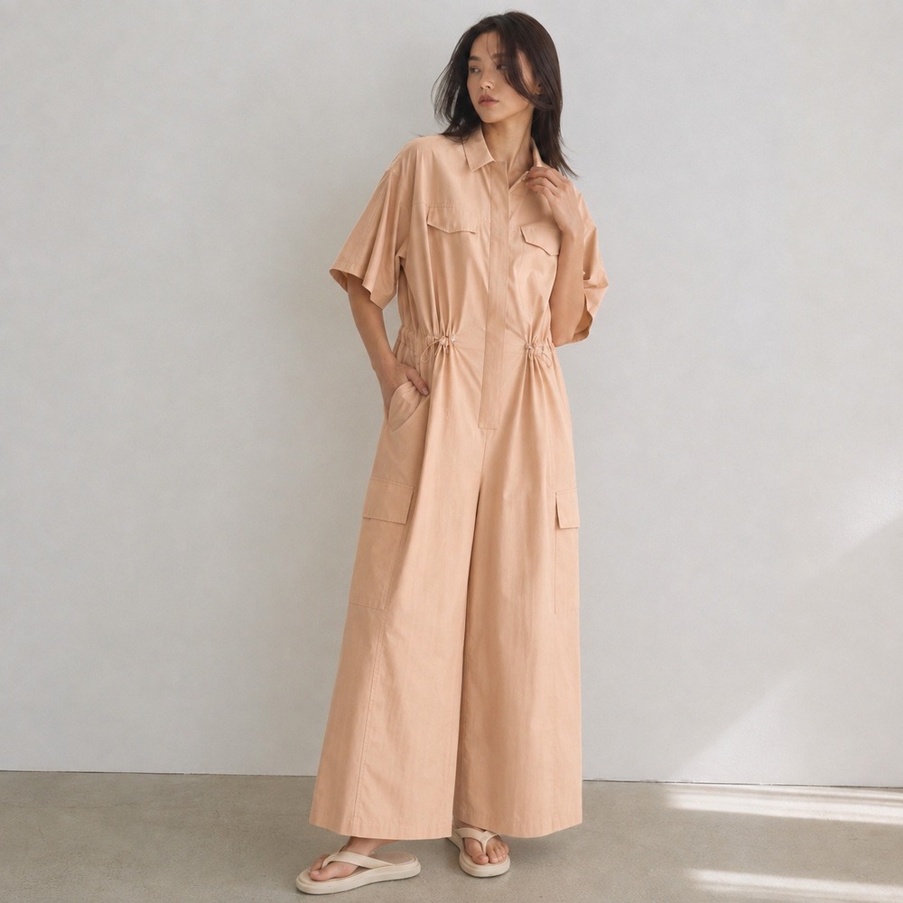 Zara NWOT Womens Tan Cotton Utility Cargo Wide Leg Jumpsuit Large